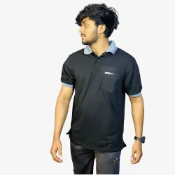 Men's Solid Black Polo T-Shirt with Grey Collar | Premium Cotton Regular Fit